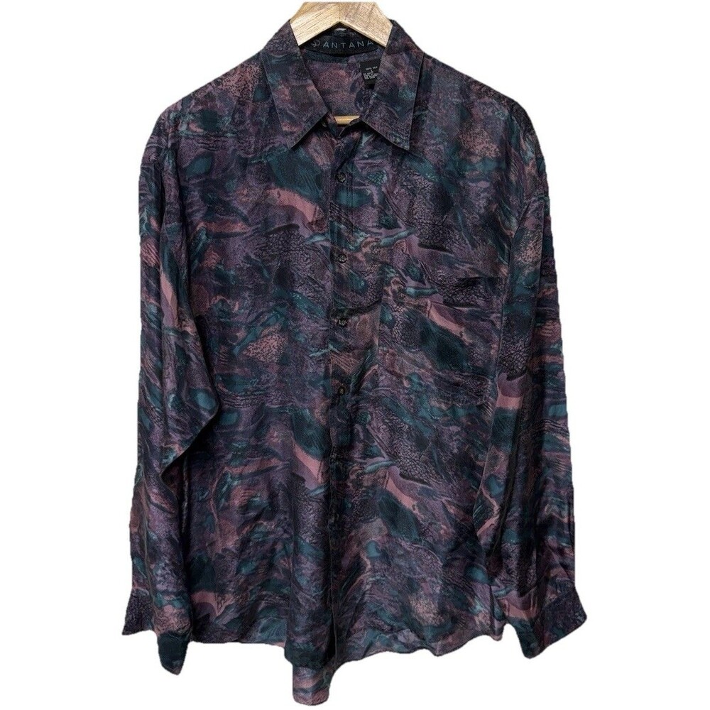 Vtg Santana 100% Silk Button Down Shirt Abstract Print Purple Relax Men L EUC